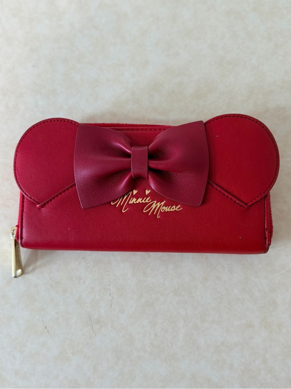Disney Minnie Mouse Red Bow Zip-Around Wallet with Gold Script